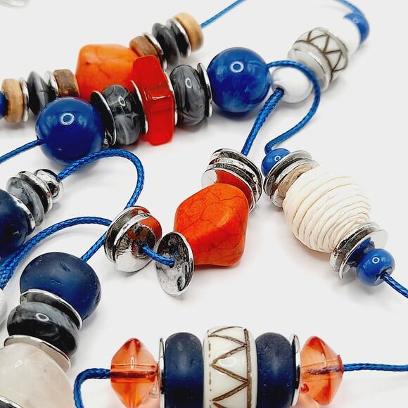 Chico’s Three Strand Beaded Necklace NWOT Blue Red White Multi Color Statement - Picture 12 of 12